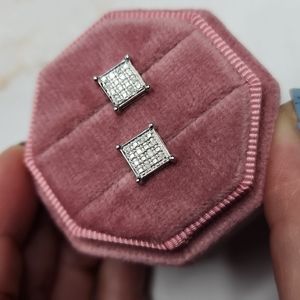 Natural diamond sterling silver stud cluster earrings in square setting, New
